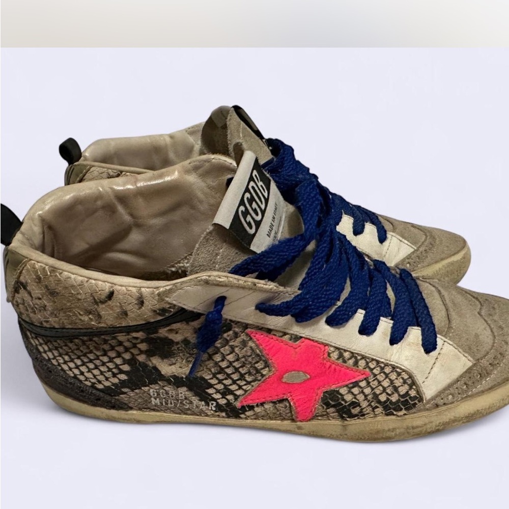 Golden Goose Midstar- Snakeskin with Neon Pink Star and Cobalt Blue Laces